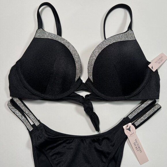 Victoria Secret 36C M VERY SEXY Push Up Bikini Top Bottom Set Shine Strap Black - Picture 2 of 9